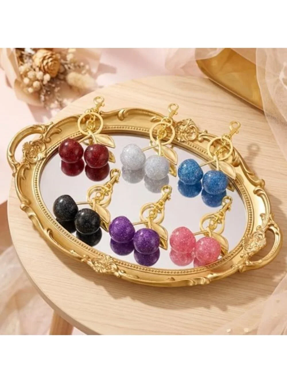 Charming Glitter Cherry Keychain Set - Bling Gold & Silver Handbag Accessories